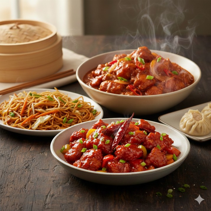 Veg Noodles and Dragon Chicken and Chicken Momos